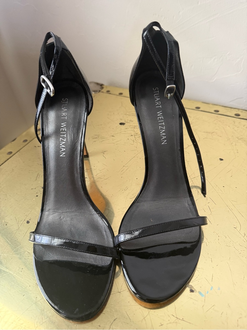 Stuart Weitzman Black Patent Leather Strappy Heel Sandals